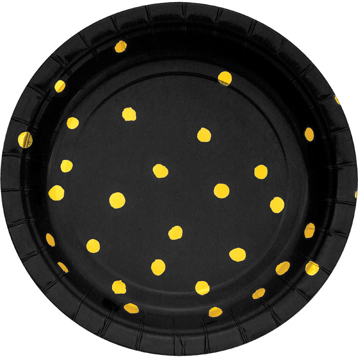 Party Decorations Black And Gold Foil Dot Paper Dessert Plates, 8 ct