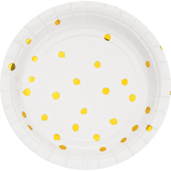 Party Decorations White And Gold Foil Dot Paper Dessert Plates, 8 count