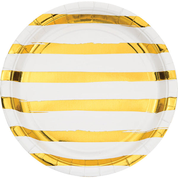 Party Decorations White And Gold Foil Striped Paper Plates, 8 Count